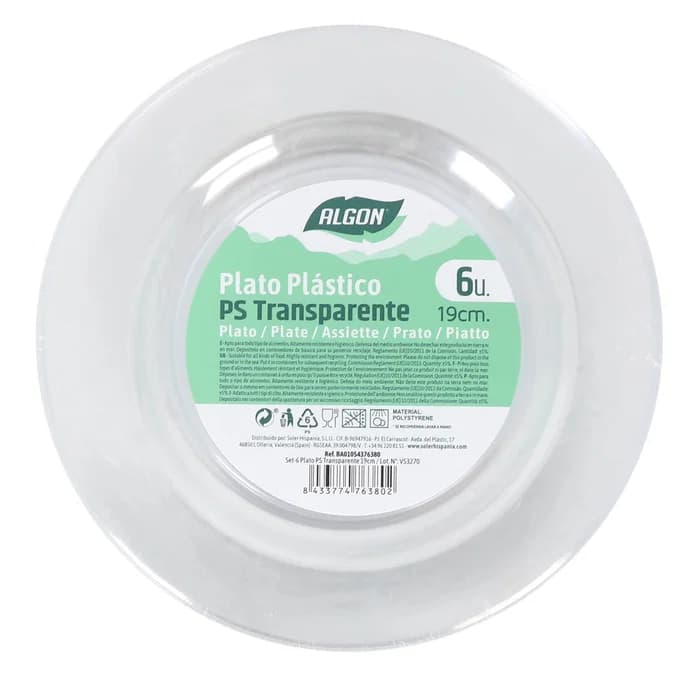 Algon Set 6 Platos Transparentes de Plástico (PS) de 19 cm